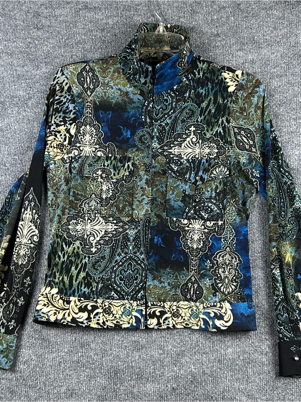 Mesmerize Baroque Paisley Zip Jacket Y2K Maximalist Blue Gold